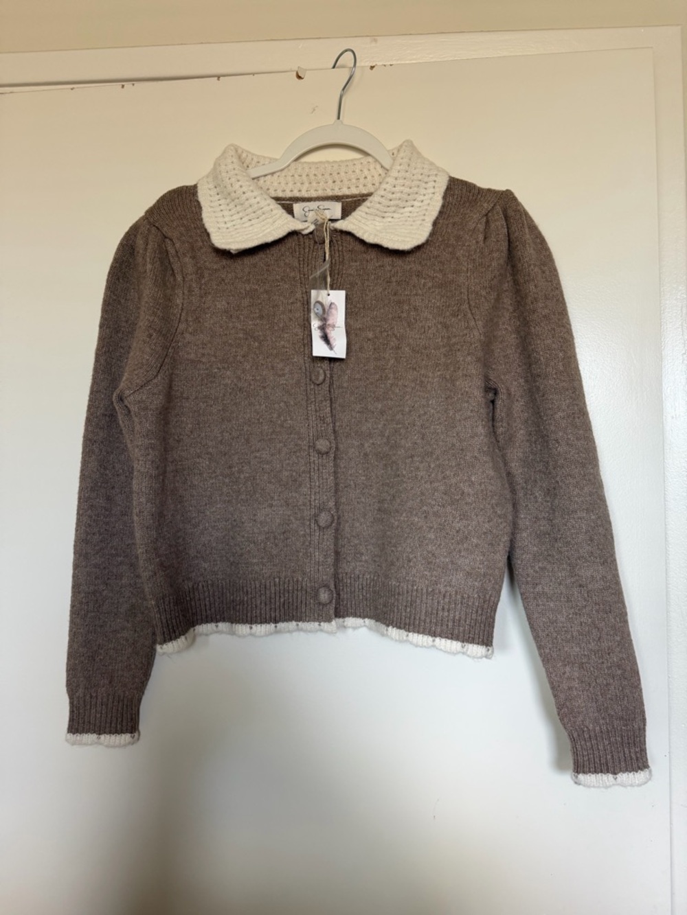 Women’s Jessica Simpson Cardigan Sweater Crochet Collar Cream & Brown size S
